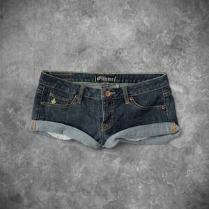 Volcom Y2K Low-Rise Vintage Dark Wash Denim Cuffed Hem Mini Shorts